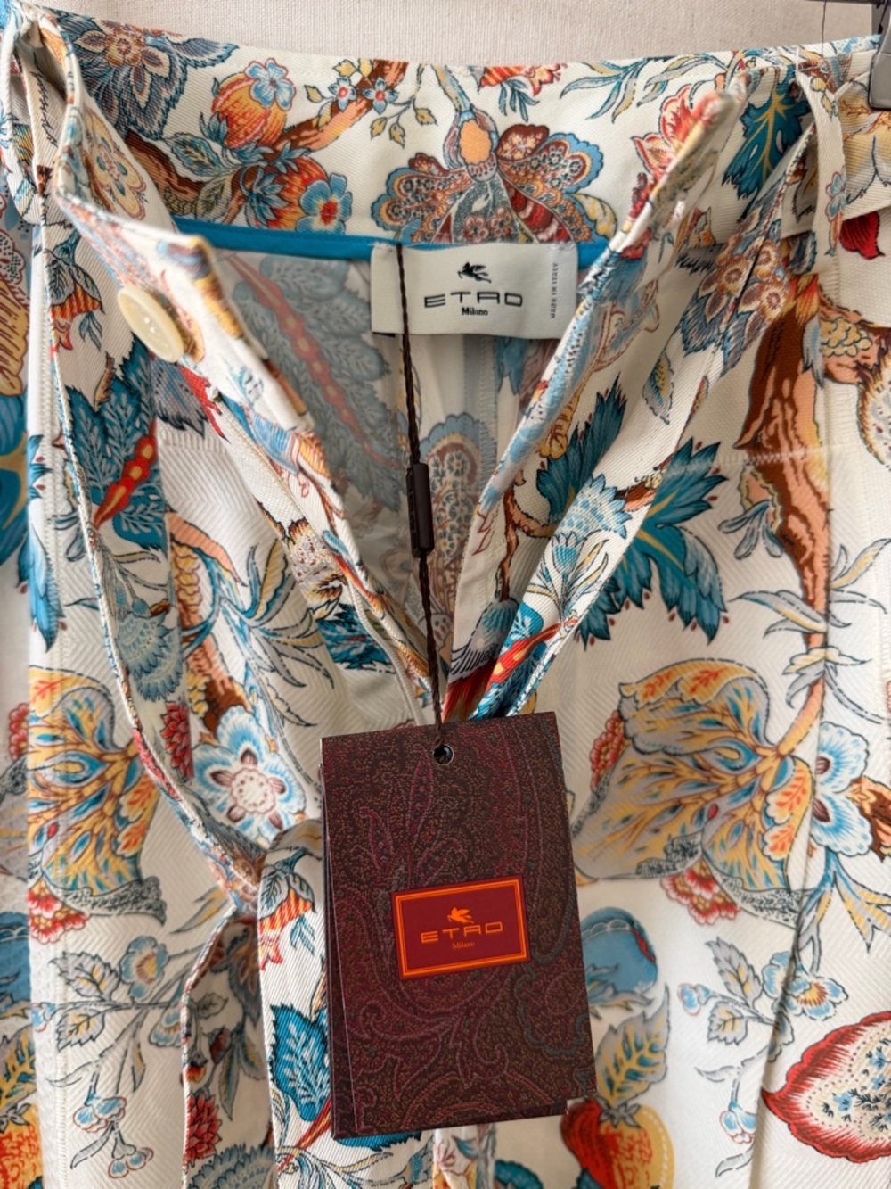 Etro Cream Floral-Paisley Wide-Leg Tie-Waist Pants with Teal and Orange Accents - Picture 3 of 9